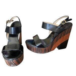 Jimmy Choo Black Leather Brown Wooden Heel Wedge Slingback Sandals size 40 9.5